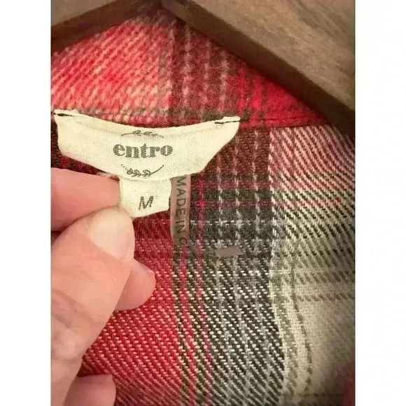 Entro Womens Plaid Flannel Openfront Cardigan Sz M Red White Shacket Lagenlook - Picture 6 of 10